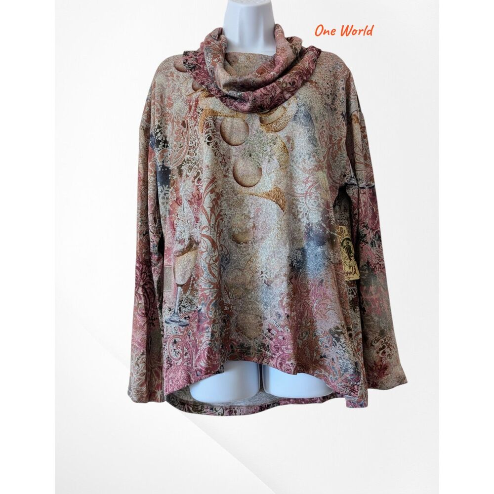 One World Live & Let Live Top M Multicolor Cowl Neck Boho Tunic NWT